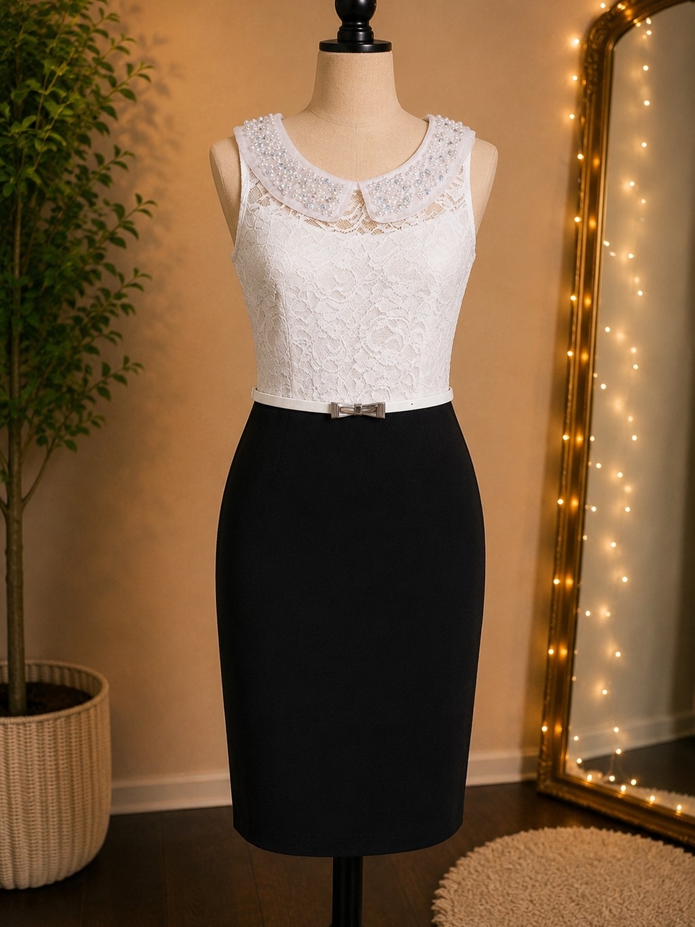 Sleeveless Two-Tone Lace Sheath Dress with Beaded Collar